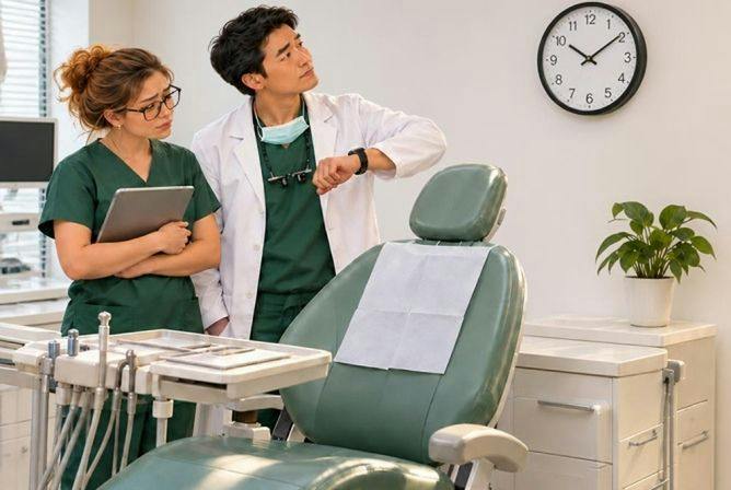Dentist and dental assistant waiting for patients