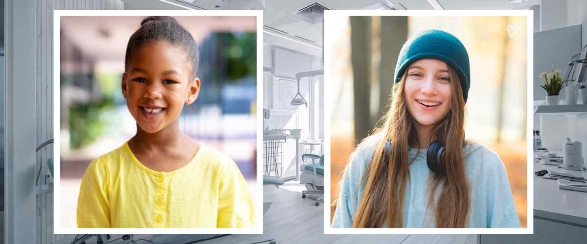 Split image of two smiling girls. Left: young girl in yellow in a bright room. Right: older girl in blue beanie outdoors with fall leaves. Cheerful mood.
